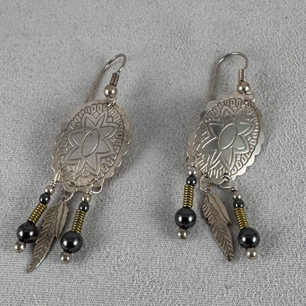 Sterling Silver Flower Concho Earrings Hematite beads, 925 silver feathers